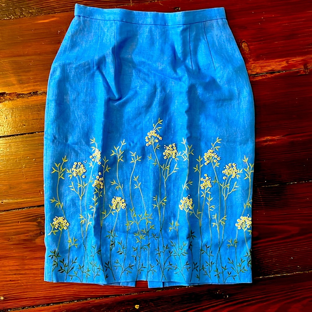 Beaded and embroidered linen pencil skirt